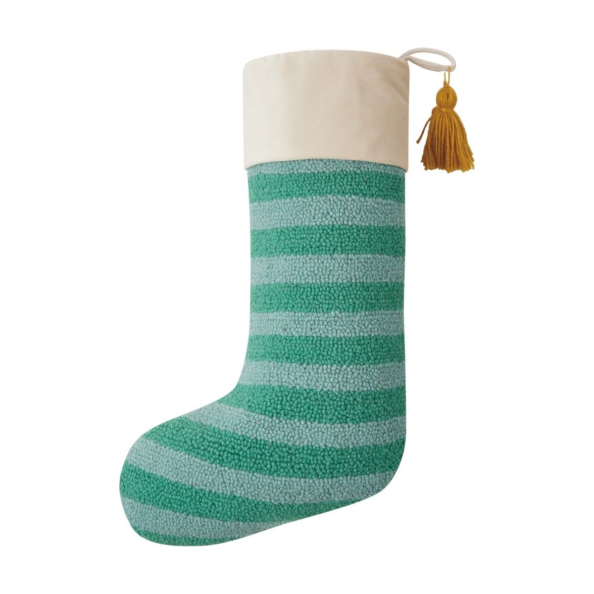 Green Stripe with Tassel Hooked Christmas Stocking, 12x20 inch, front view