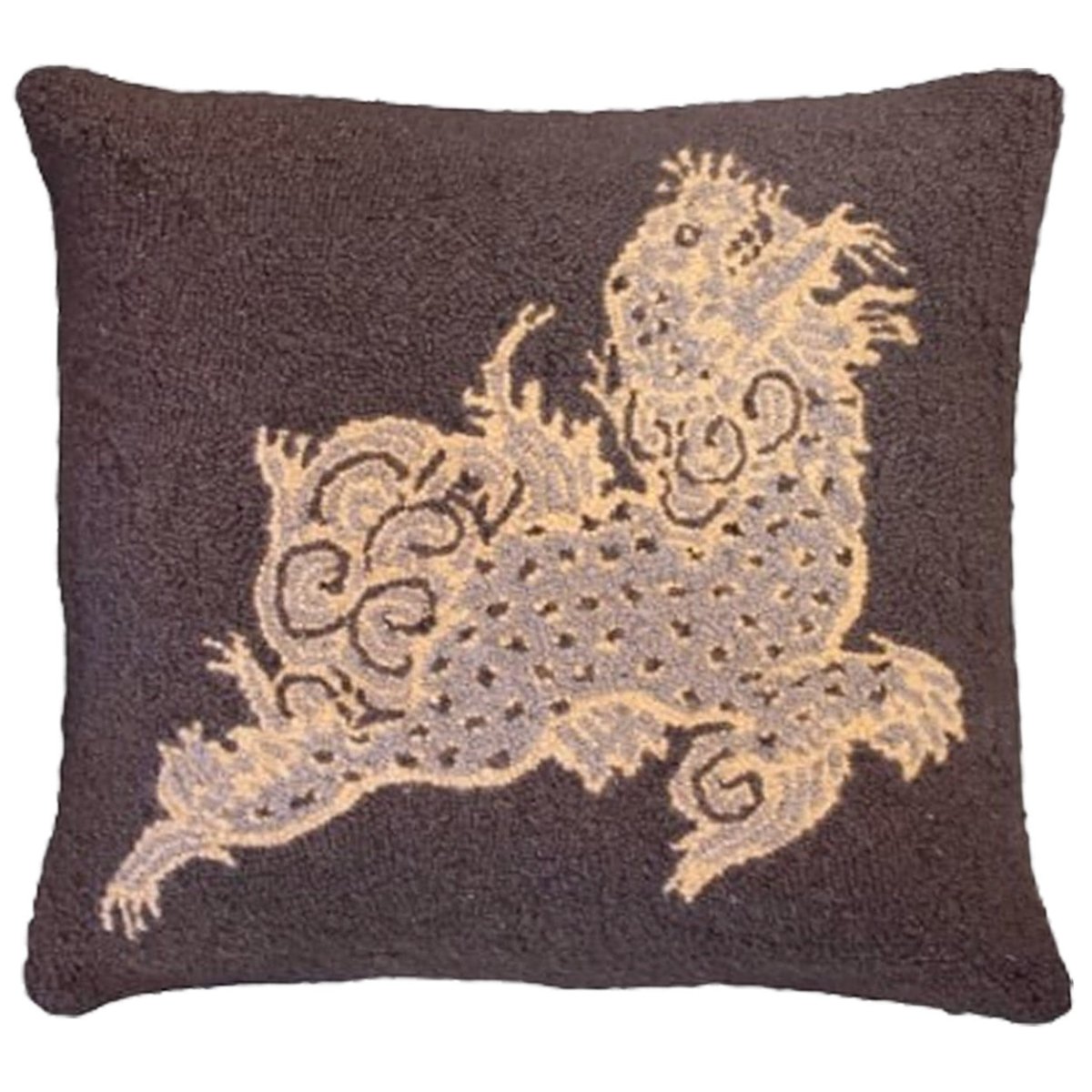 Grey Dragon Onyx Dunmore hooked wool throw pillow with artisan decorative design