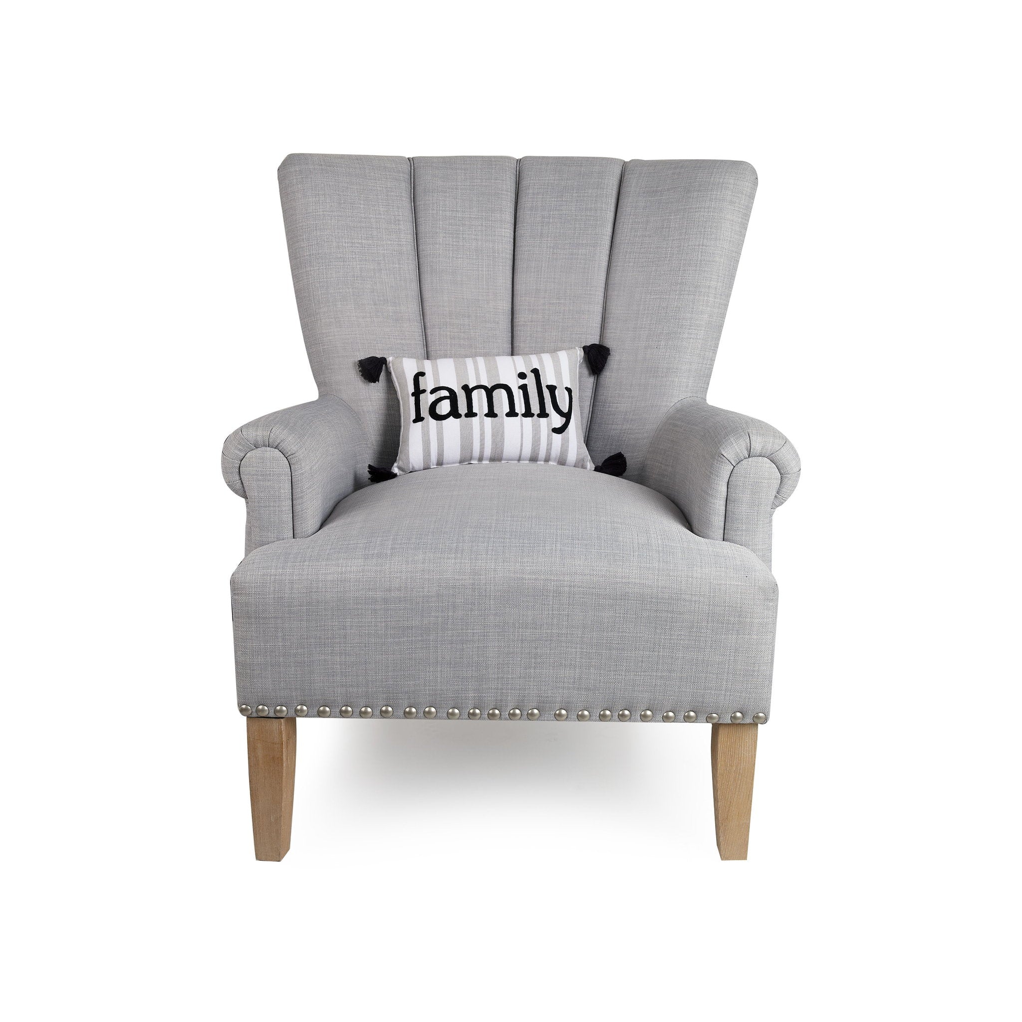 Grey Stripe Family Crewel Embroidered Throw Pillow on an armchair, showing the throw pillow at room scale, 8x12 inch