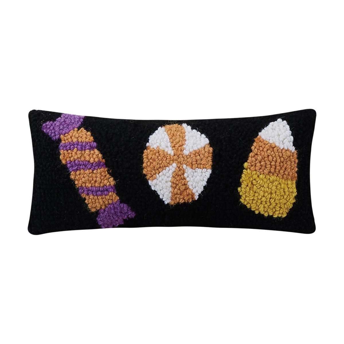 Halloween Candies Trio Hooked Wool Throw Pillow, 12x5 inch, front view