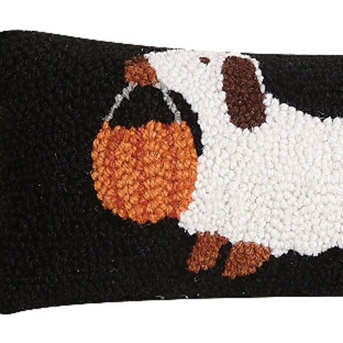 Halloween Dachshund Hooked Wool Throw Pillow, close-up detail