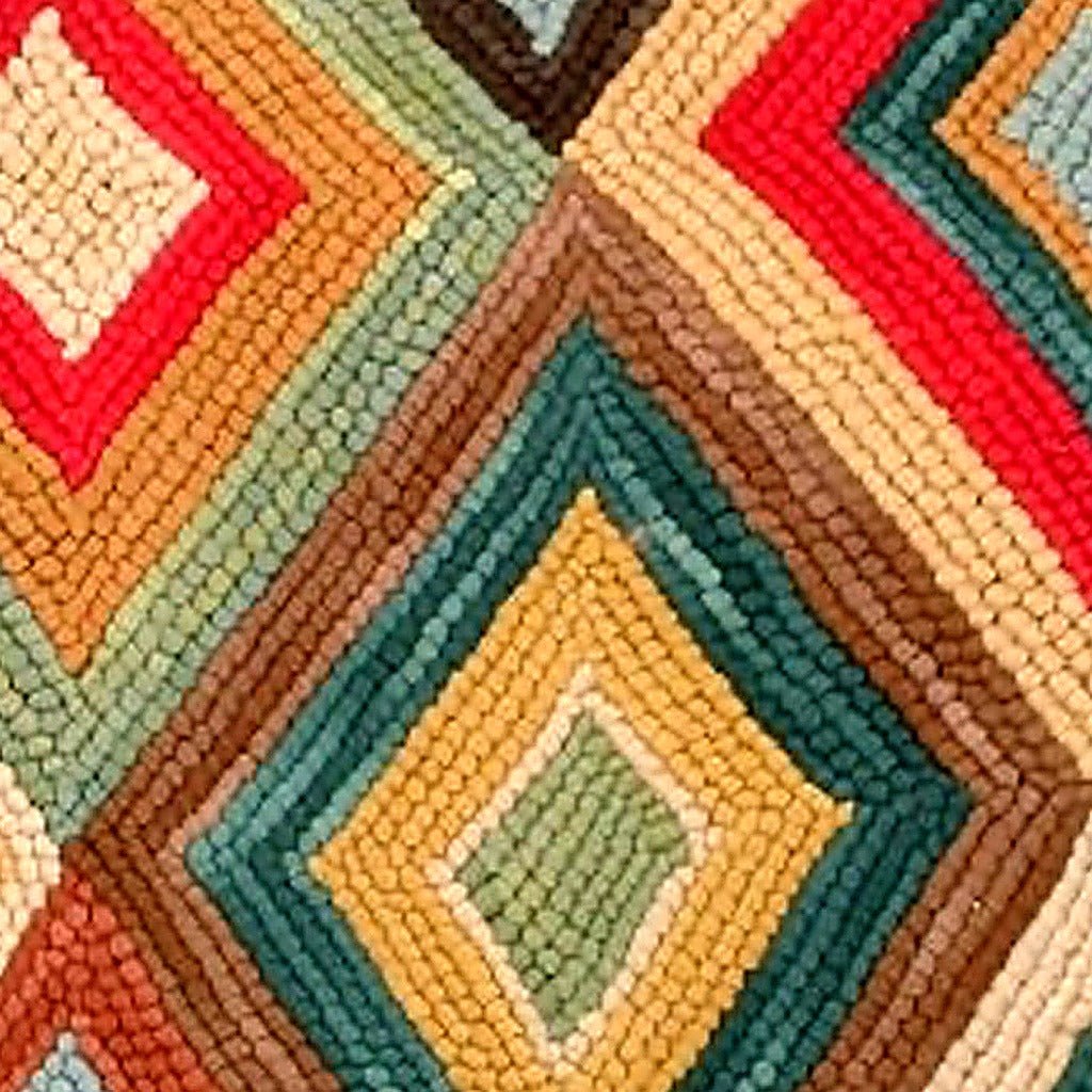 Hand Bearwallow Wildlife Lodge Wool Hooked pillow fabric closeup showing hand-embroidered needlepoint wool texture and color detail