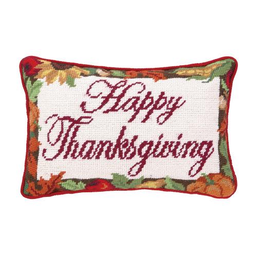 Happy Thanksgiving Wool Needlepoint Fall Harvest Throw Pillow, 8x12 inch, front view