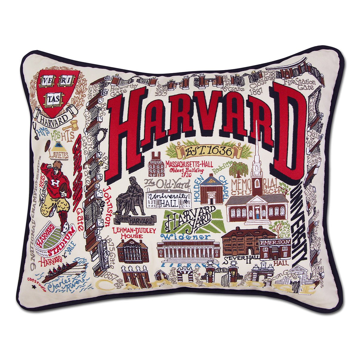 Harvard University Crimson hand-embroidered throw pillow featuring school colors and mascot imagery