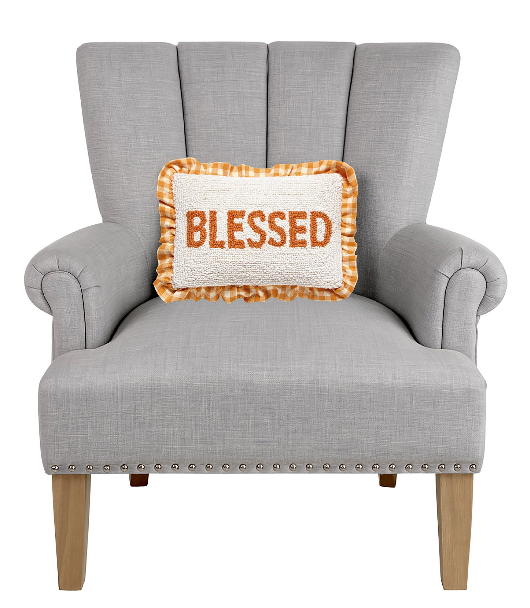 Harvest Blessed Hooked Wool Fall Harvest Throw Pillow on an armchair, showing the throw pillow at room scale, 8x12 inch