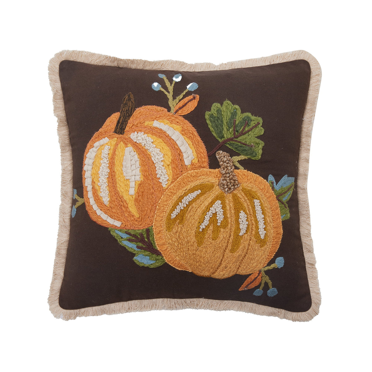 Harvest Brown Pumpkin Duo Embroidered Fall Harvest Throw Pillow, 16x16 inch, front view