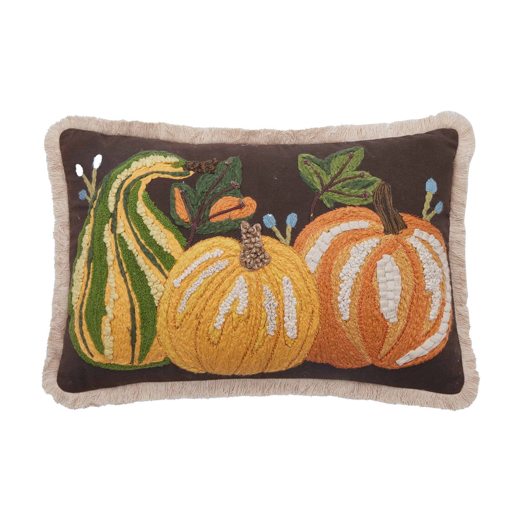 Harvest Brown Pumpkin Trio Embroidered Fall Harvest Throw Pillow, 12x18 inch, front view