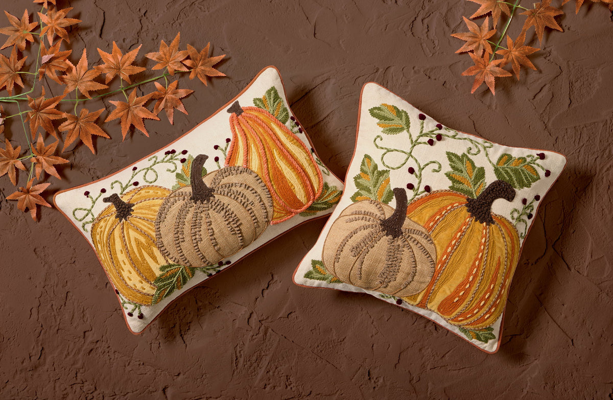 Harvest Pumpkin Duo Embroidered Fall Harvest Throw Pillow shown alongside other designs in the same collection, 16x16 inch