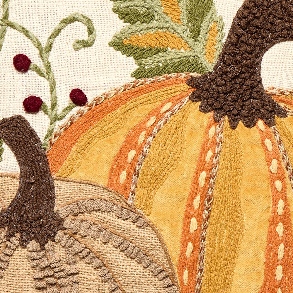 Harvest Pumpkin Duo Embroidered Fall Harvest Throw Pillow, close-up detail