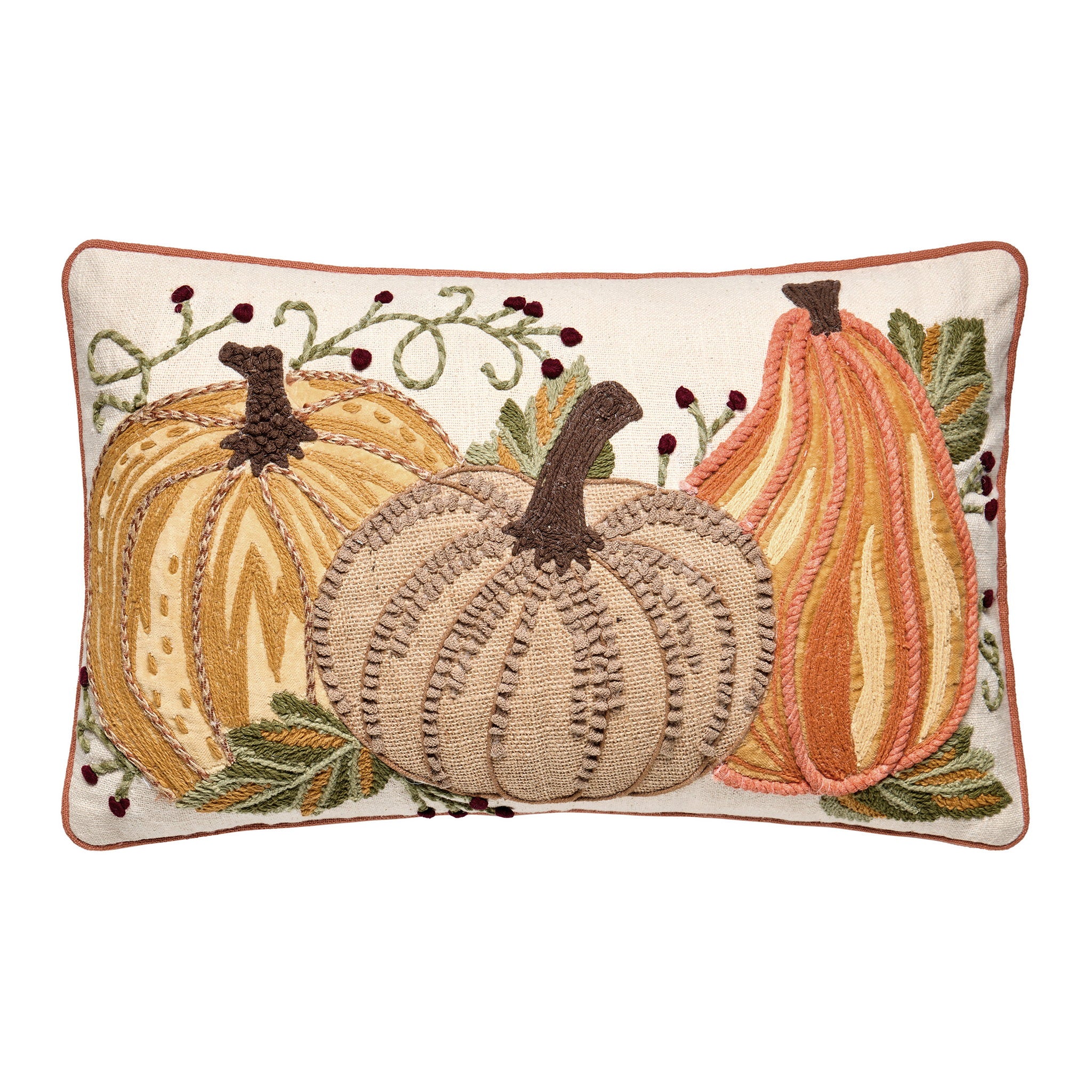 Harvest Pumpkin Trio Embroidered Fall Harvest Throw Pillow, 12x18 inch, front view