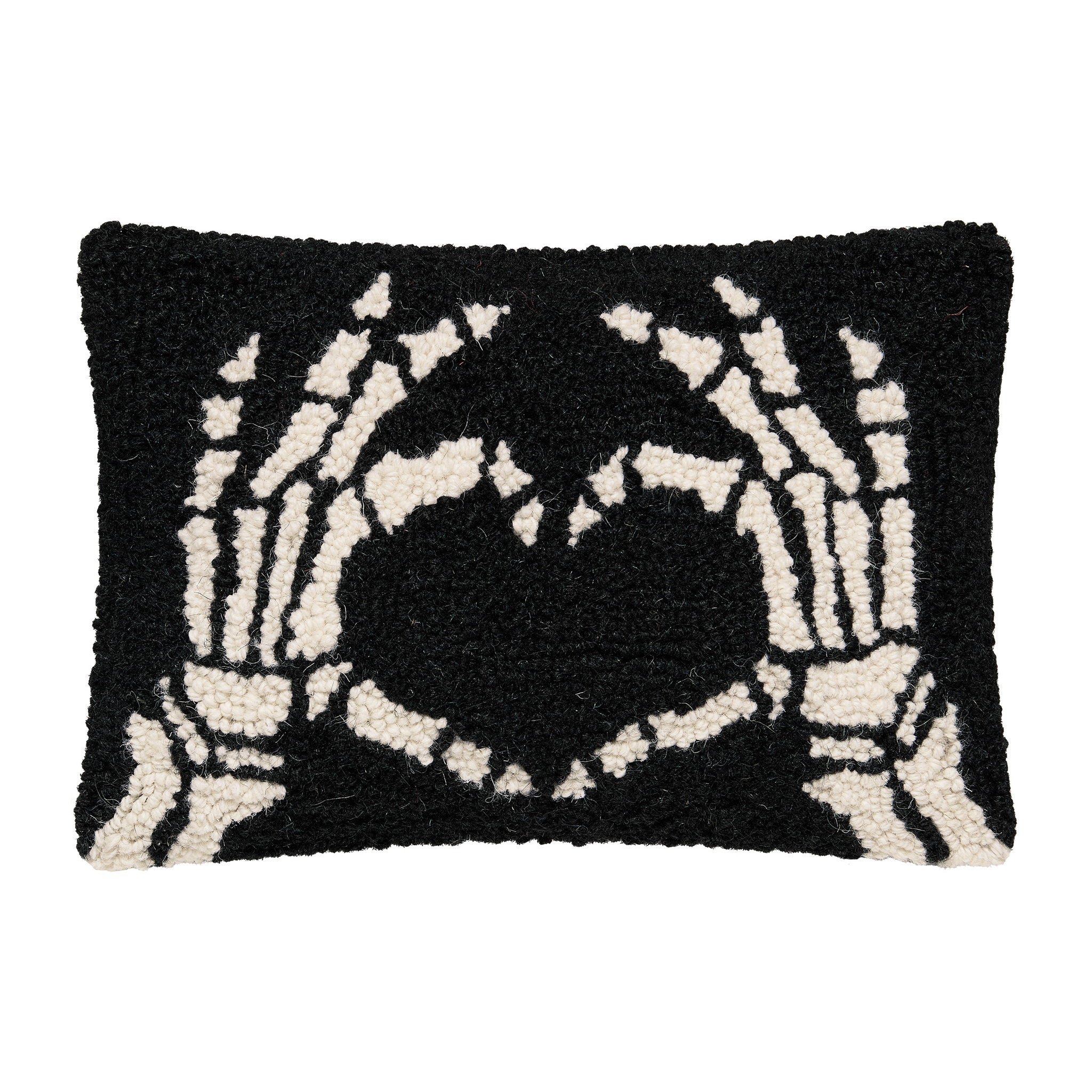 Heart Skeleton Hand Hooked Wool Halloween Throw Pillow, 8x12 inch, front view
