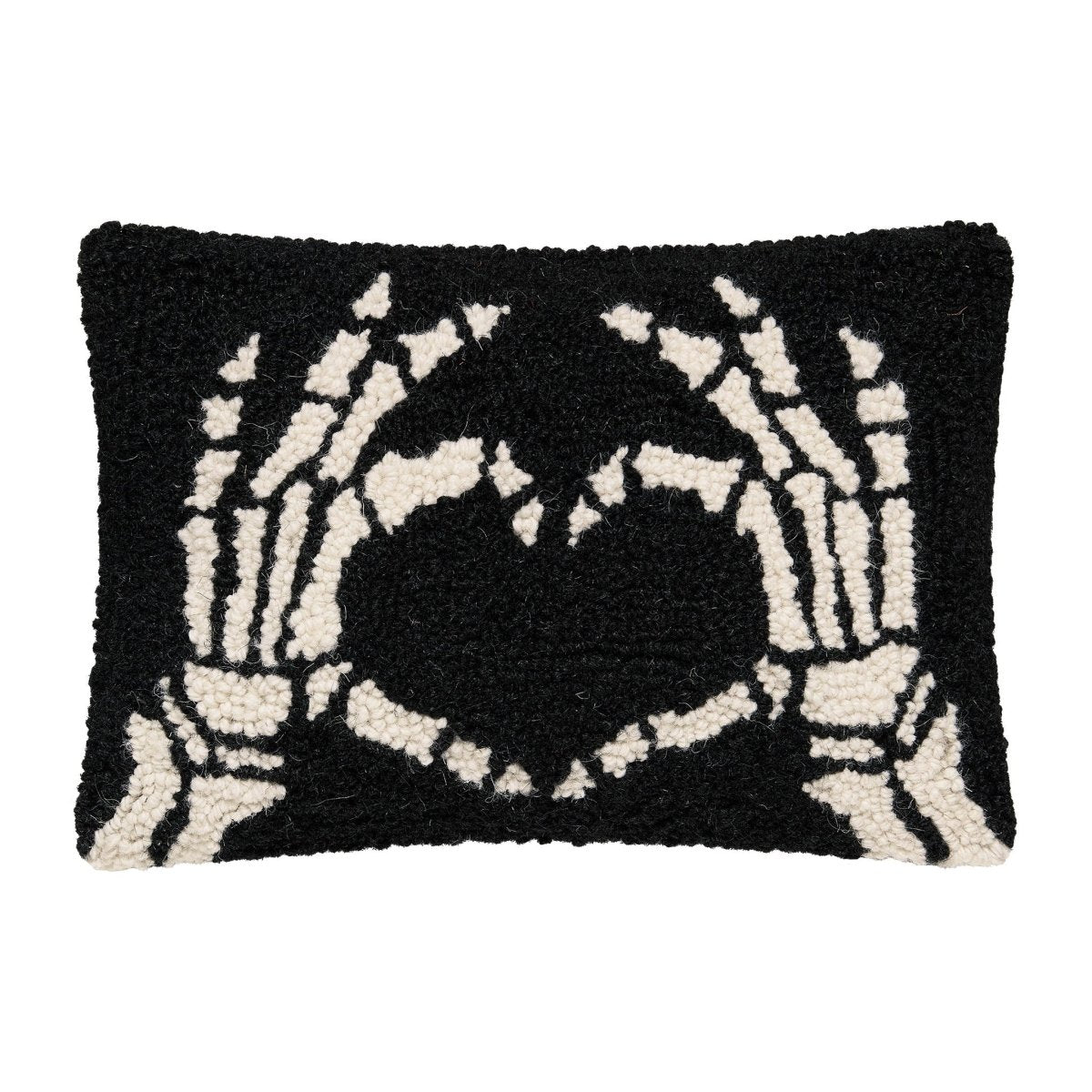 Heart Skeleton Hand Hooked Wool Halloween Throw Pillow, 8x12 inch, front view