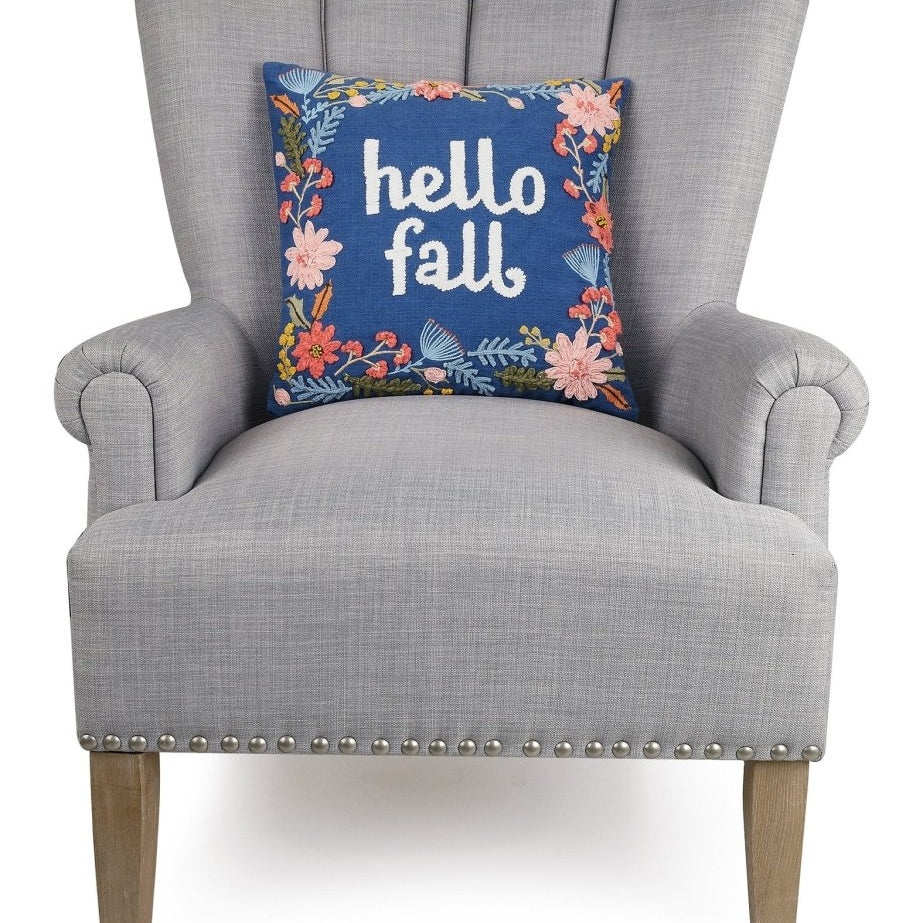 Hello Fall Embroidered Throw Pillow on an armchair, showing the throw pillow at room scale, 16x16 inch