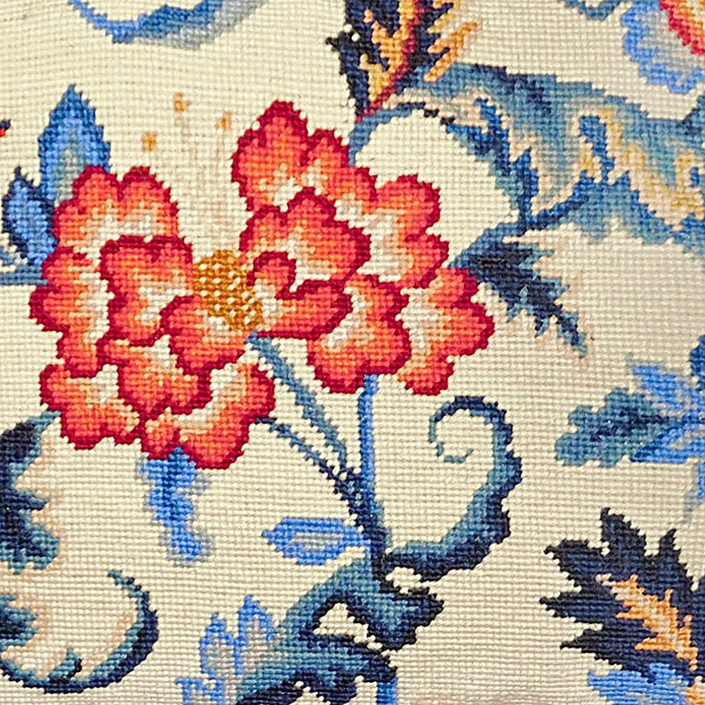 Historic Tapestry Botanical Embroidered pillow fabric closeup showing hand-embroidered needlepoint wool texture and color detail