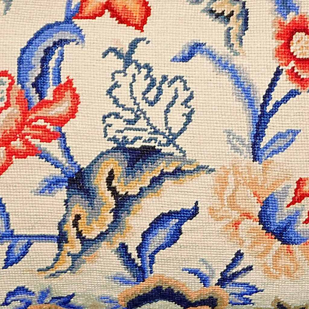 Hand-stitched wool detail of Historic Tapestry Botanical needlepoint pillow showing intricate weave pattern and texture