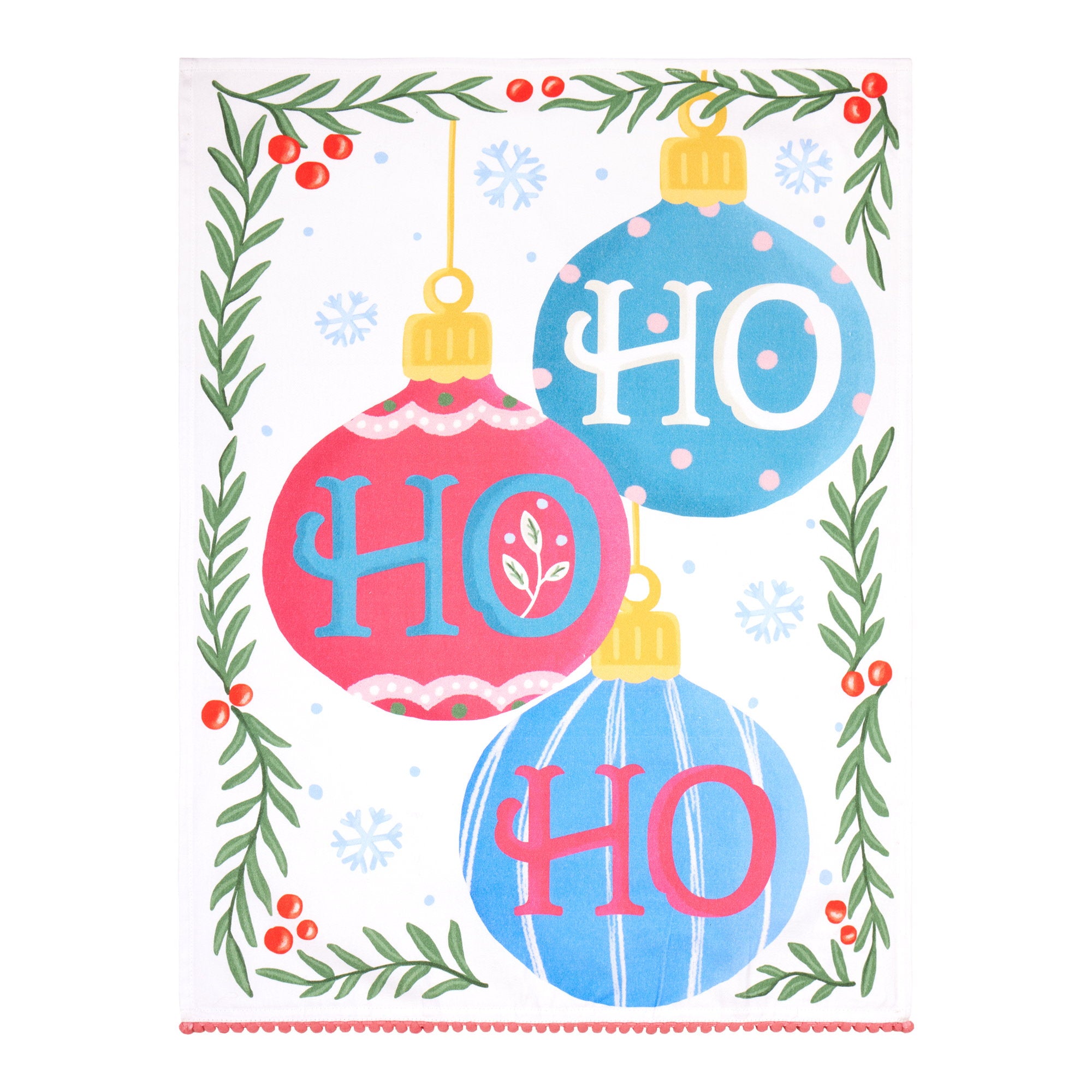 Ho Ho Ho with Pom Poms Christmas Kitchen Towel, 18x25 inch, front view