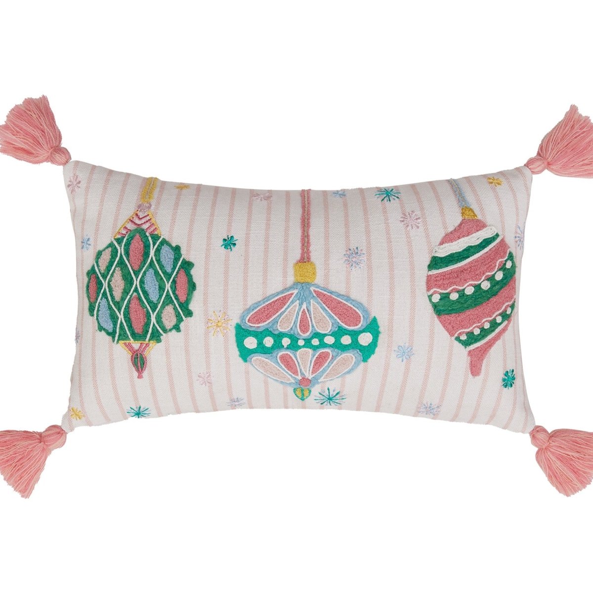 Holiday Bright's Ornaments with Tassels Embroidered Throw Pillow, close-up detail