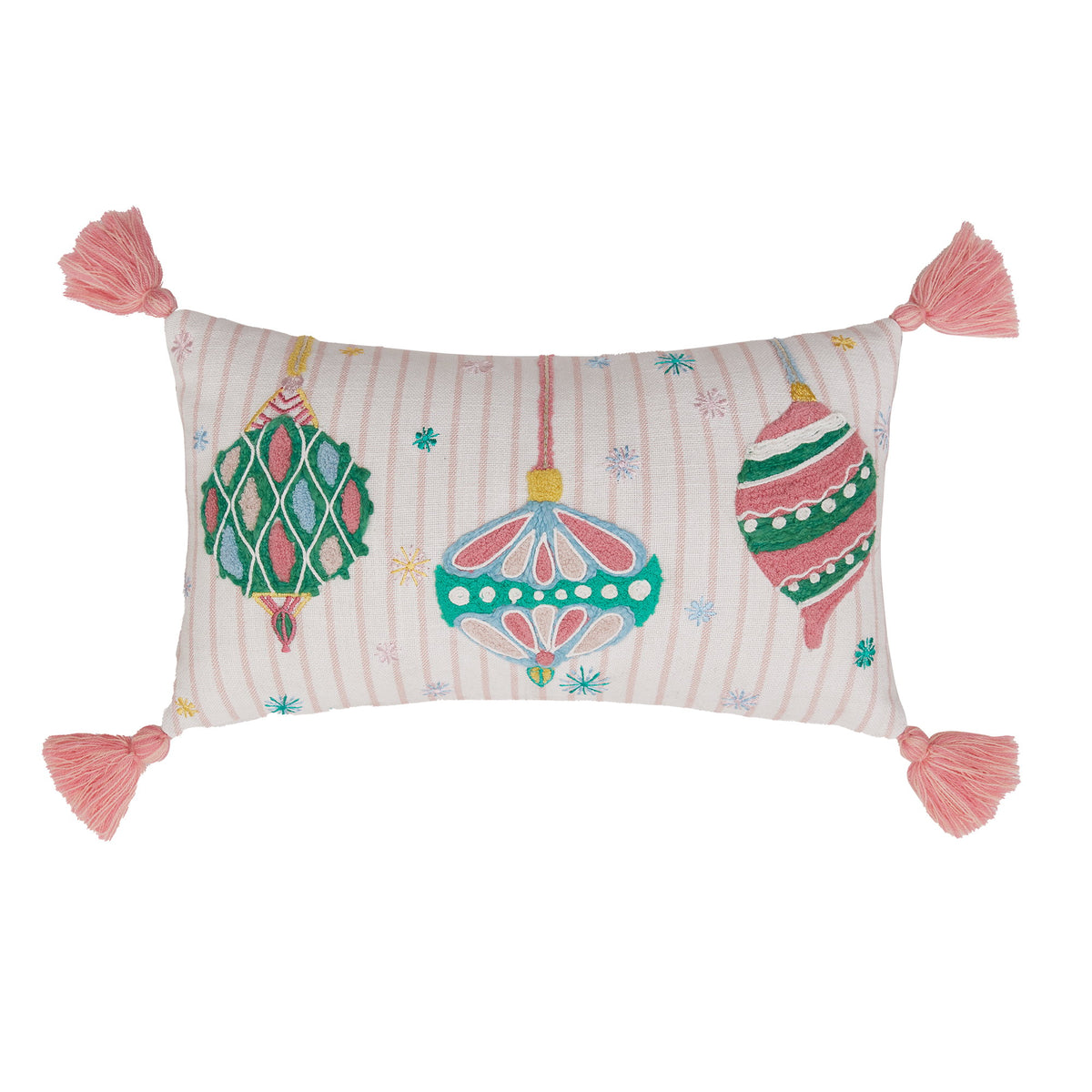 Holiday Bright's Ornaments with Tassels Embroidered Throw Pillow, 9x16 inch, front view