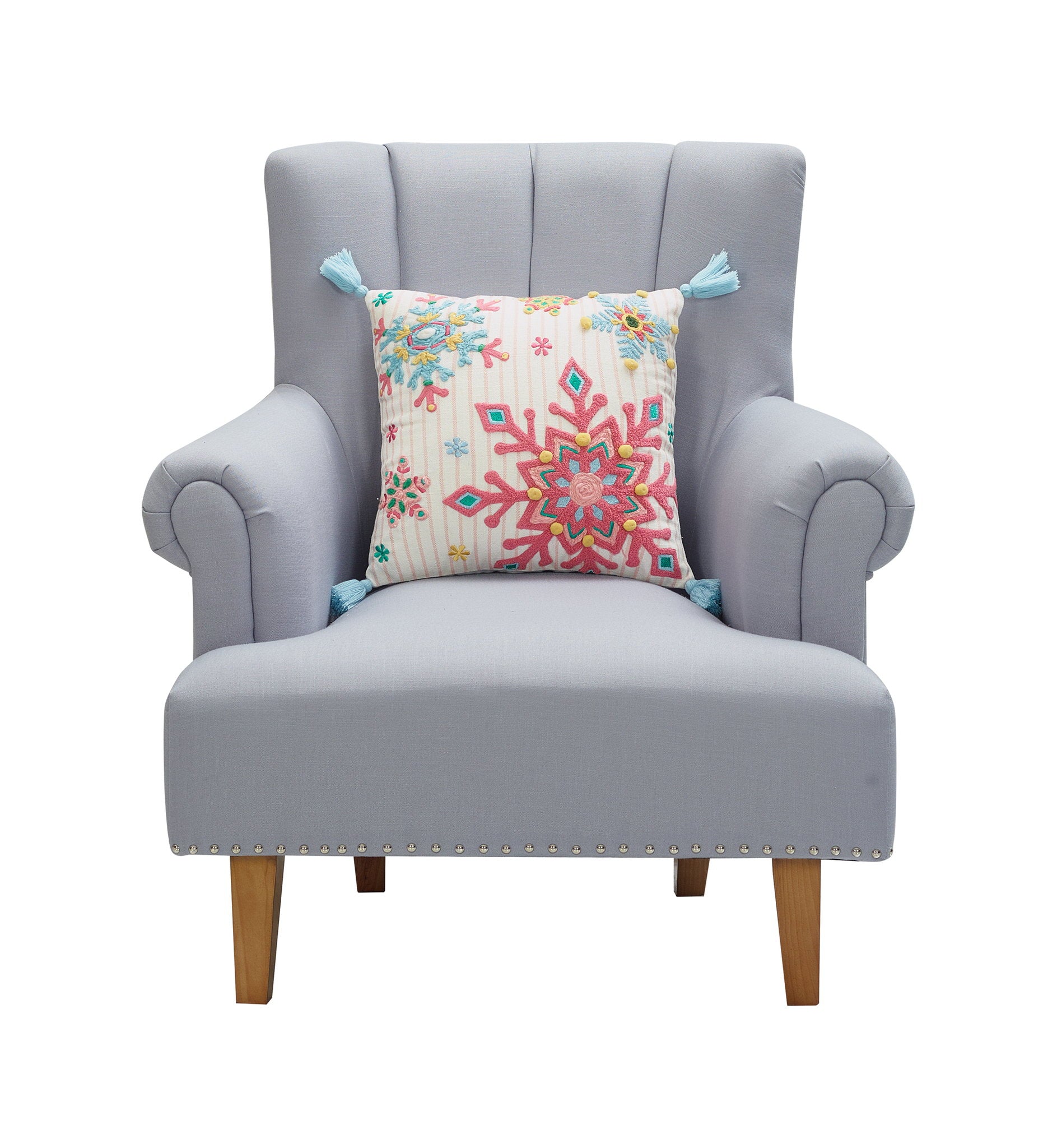 Holiday Bright's Snowflake with Tassels Embroidered Throw Pillow, 16x16 inch, snowflake design on a gray armchair
