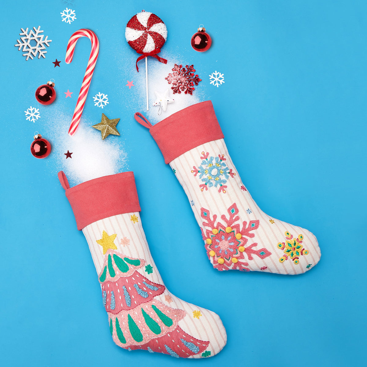 Holiday Bright's Tree Embroidered Christmas Stocking, 11x20 inch, tree and snowflake stockings on a blue backdrop
