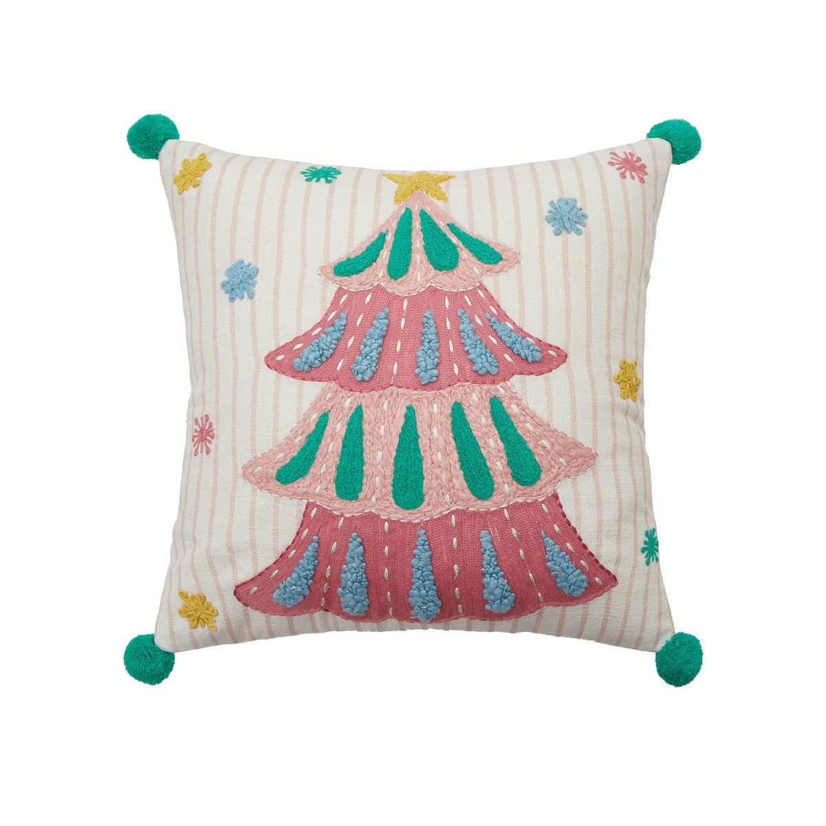 Holiday Bright's Tree with Pom Poms Embroidered Christmas Throw Pillow, 16x16 inch, front view