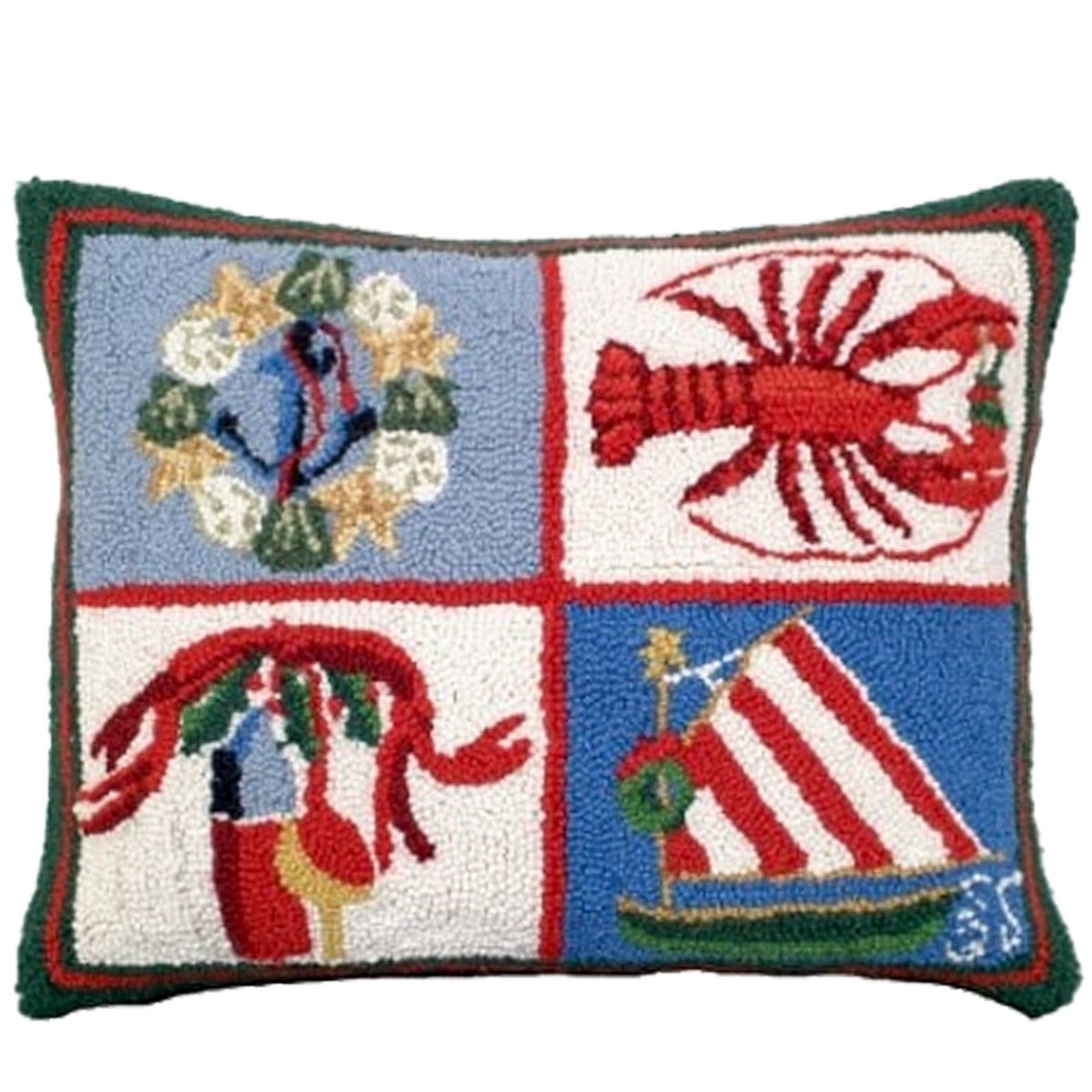 Sailboat needlepoint throw pillow with festive holiday seasonal design
