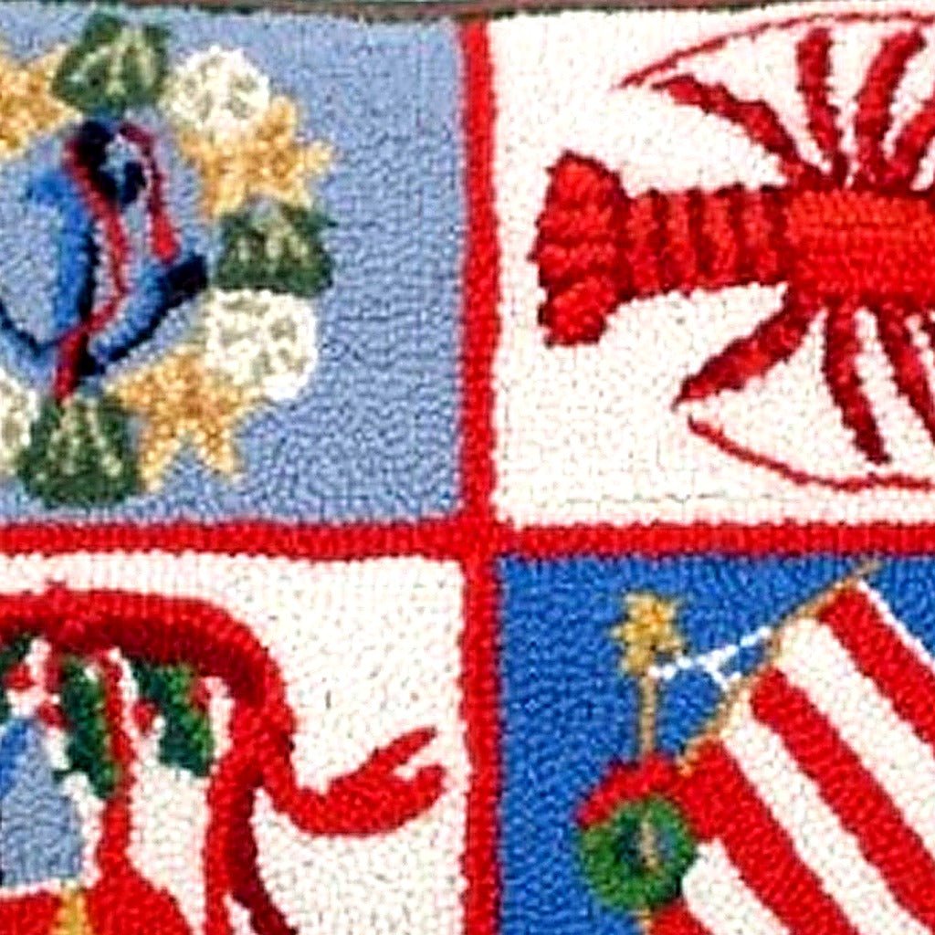 Hand-stitched wool detail of Holiday Christmas Nautical Sailboat Wool Hooked needlepoint pillow showing intricate weave pattern and texture