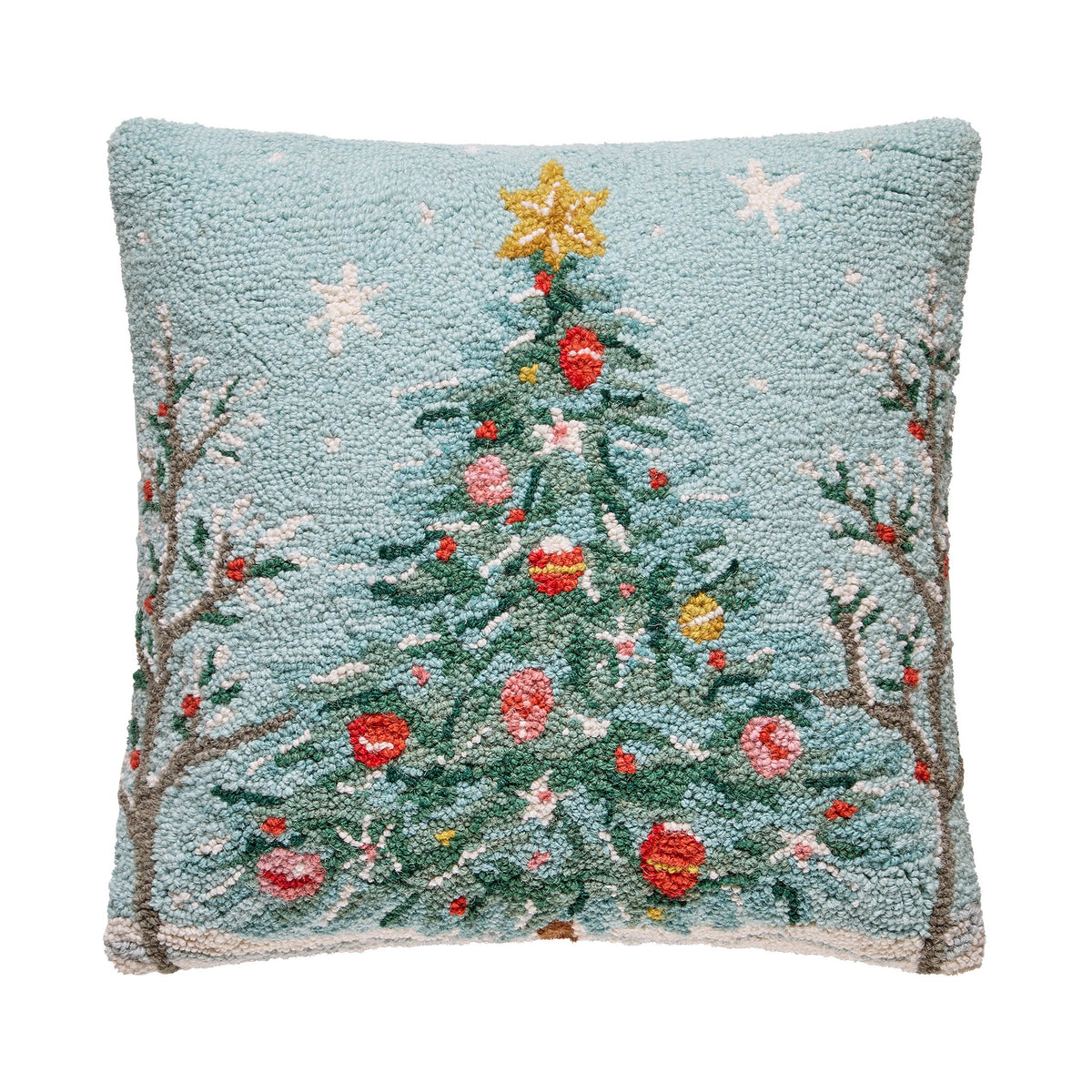 Holiday Christmas Tree Hooked Wool Throw Pillow, 18x18 inch, front view
