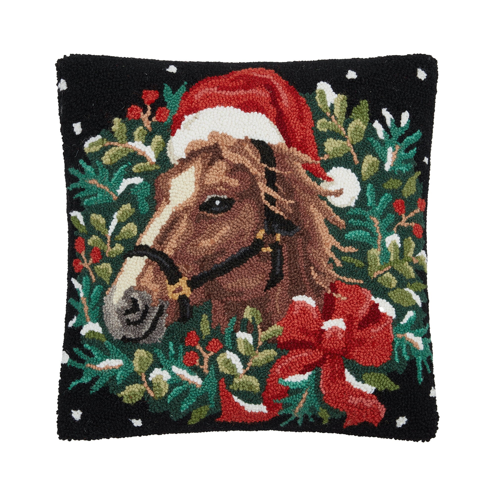 Holiday Horse Hooked Wool Christmas Throw Pillow, 18x18 inch, front view