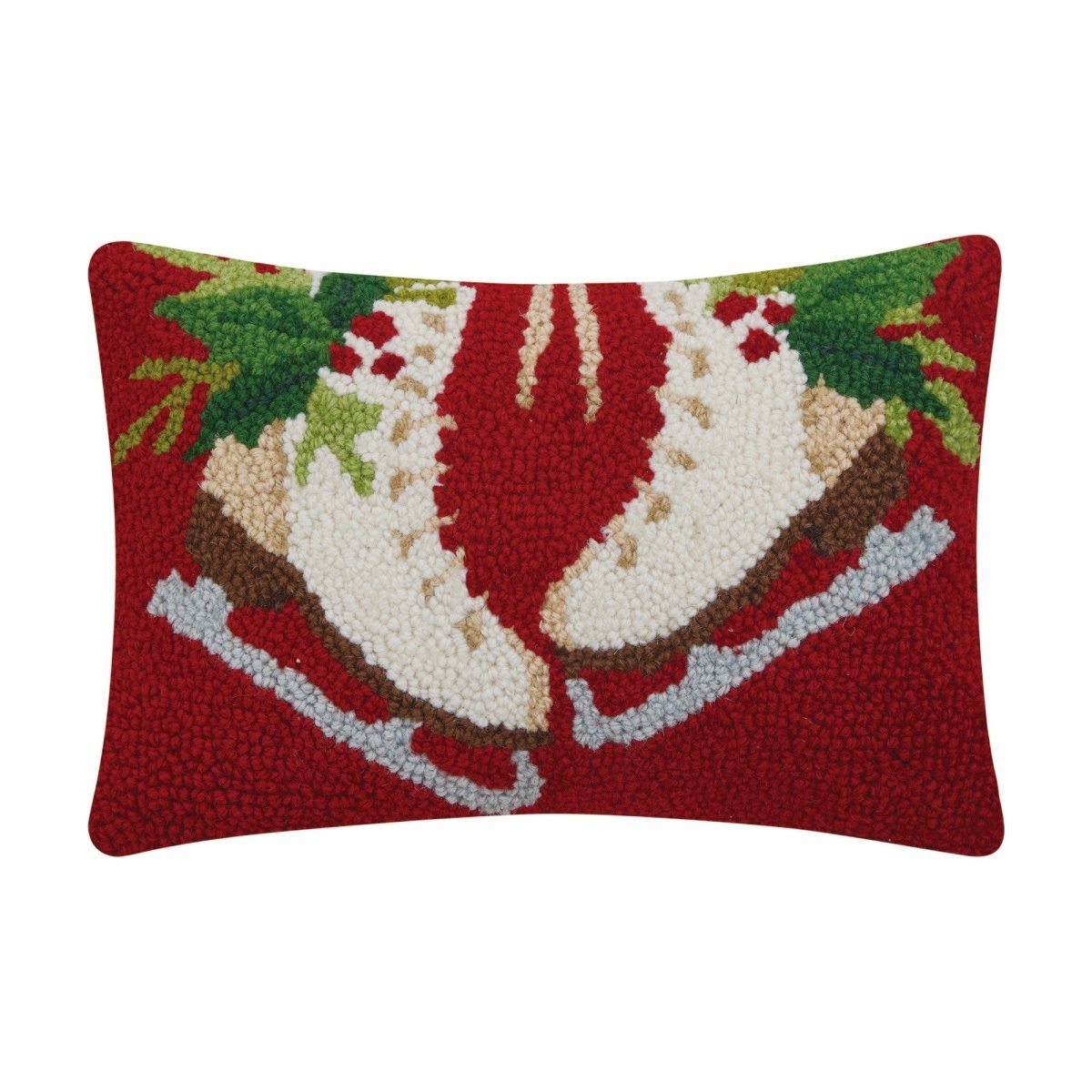 Holiday Ice Skates Hooked Wool Christmas Throw Pillow, 8x12 inch, front view