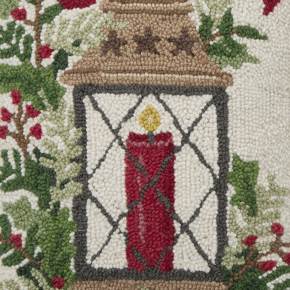 Holiday Lantern Hooked Wool Christmas Throw Pillow, close-up detail