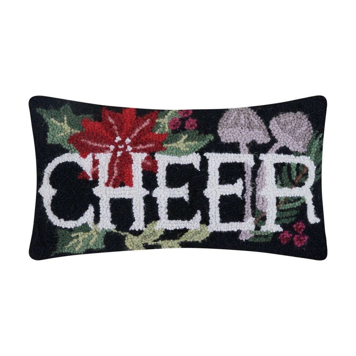 Holiday Mushrooms Cheer Hooked Wool Christmas Throw Pillow, 9x16 inch, front view