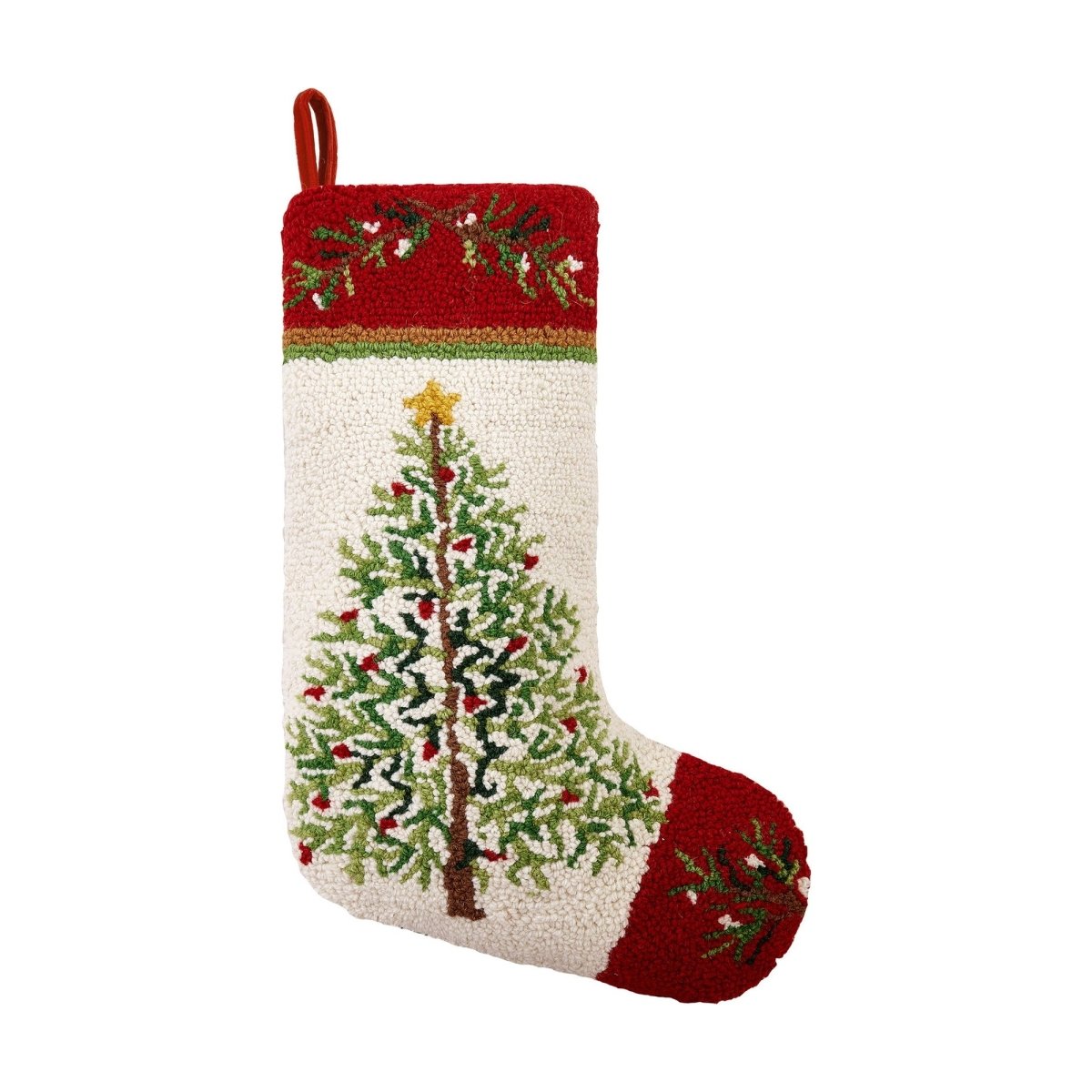Holiday Pine Hooked Wool Christmas Stocking, 12x20 inch, front view