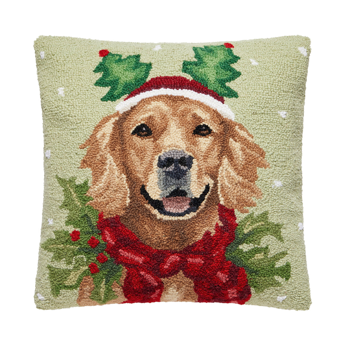 Holiday Retriever Hooked Wool Christmas Throw Pillow, 18x18 inch, front view
