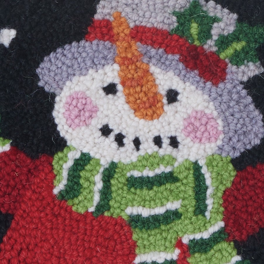 Holiday Snowman Hooked Wool Christmas Throw Pillow, close-up detail