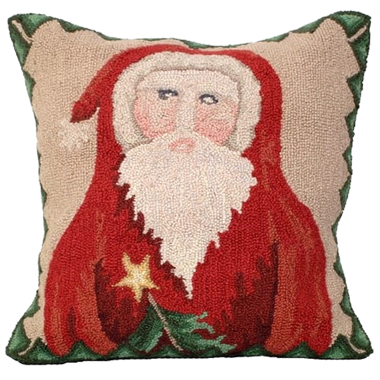 St Nick Santa hooked wool throw pillow with festive holiday seasonal design