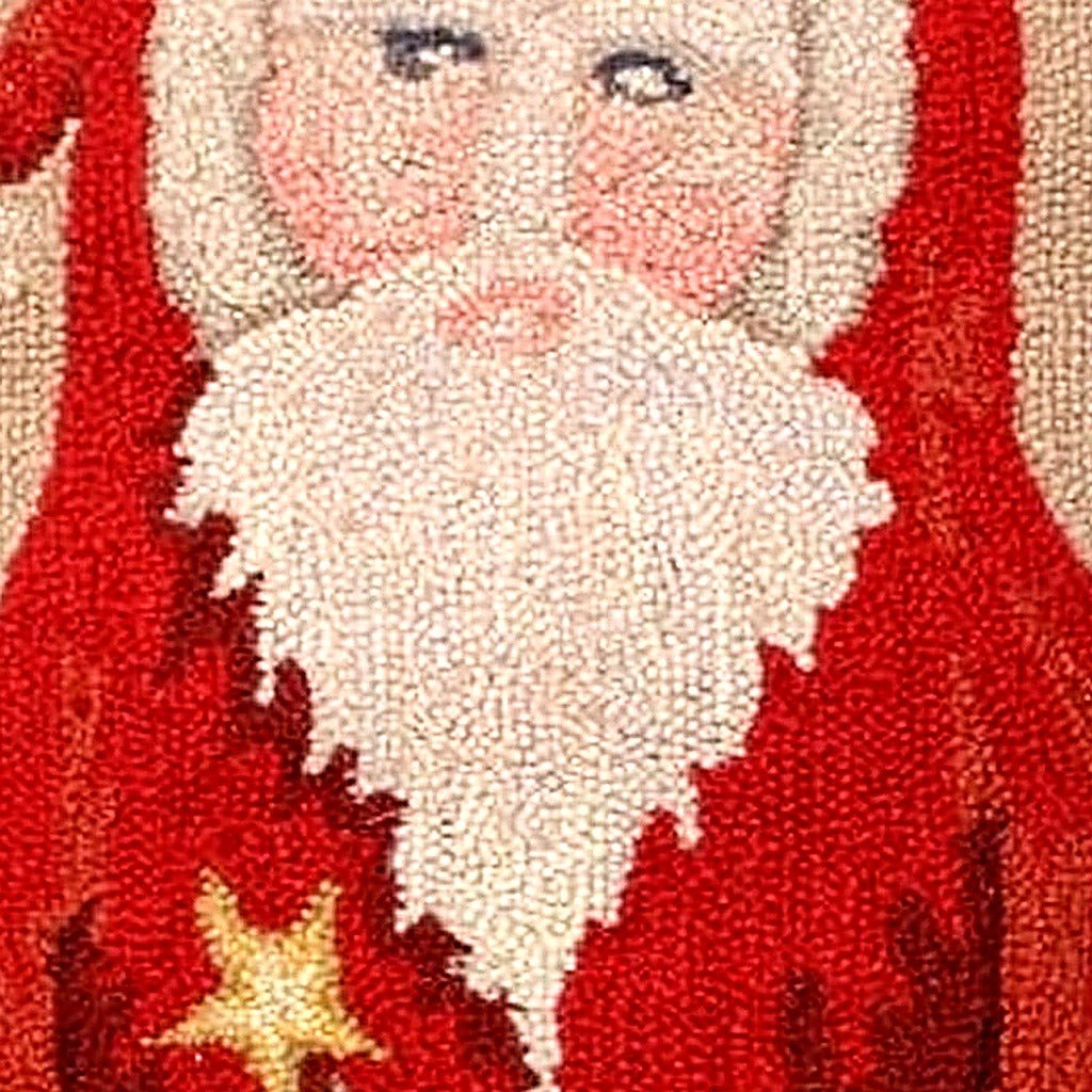 Closeup of Holiday St Nick Santa Star Wool Hooked needlepoint throw pillow highlighting hand-stitched wool craftsmanship and fabric detail
