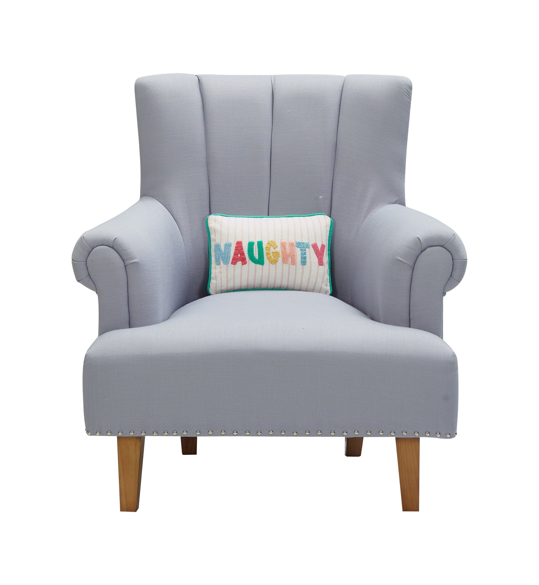 Holiday Stripes Naughty/Nice Reversible Embroidered Throw Pillow, 8x12 inch, the naughty pillow on a gray armchair