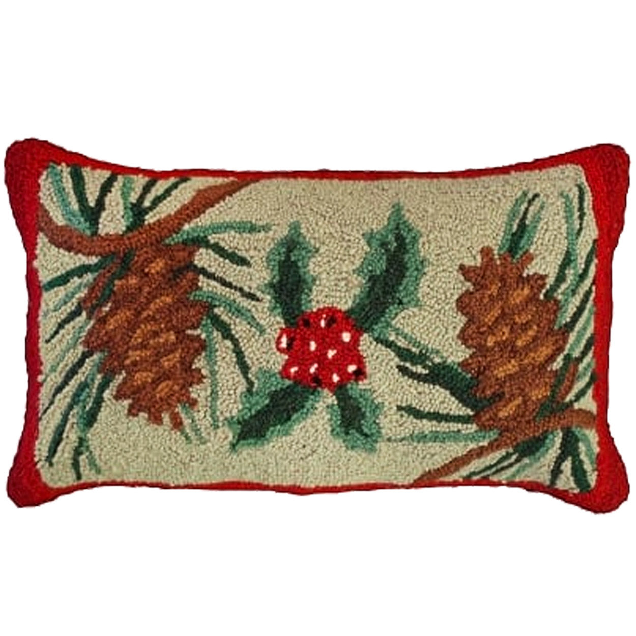 Holly and Pine Cones needlepoint throw pillow with festive holiday seasonal design