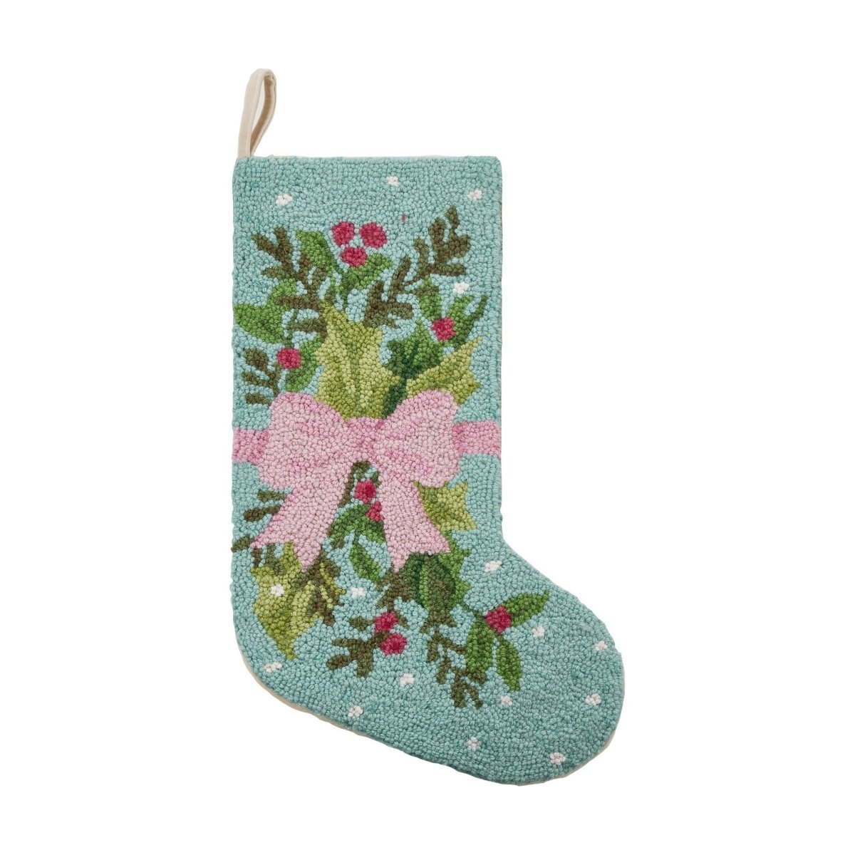 Holly Bow Hooked Wool Christmas Stocking, 12x20 inch, front view