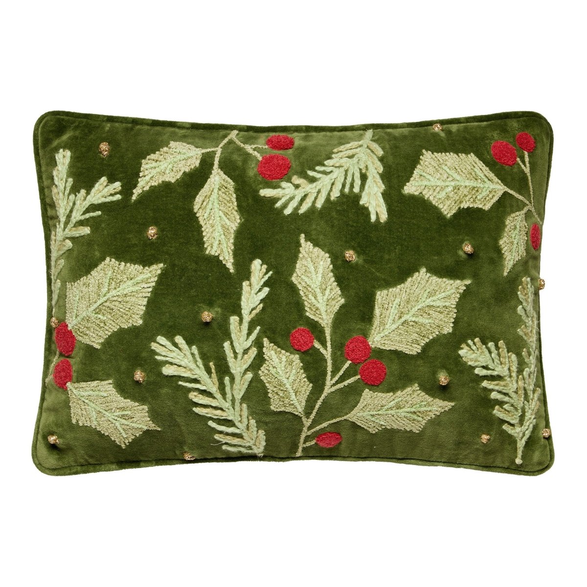 Holly Embroidered Christmas Throw Pillow, 12x18 inch, front view