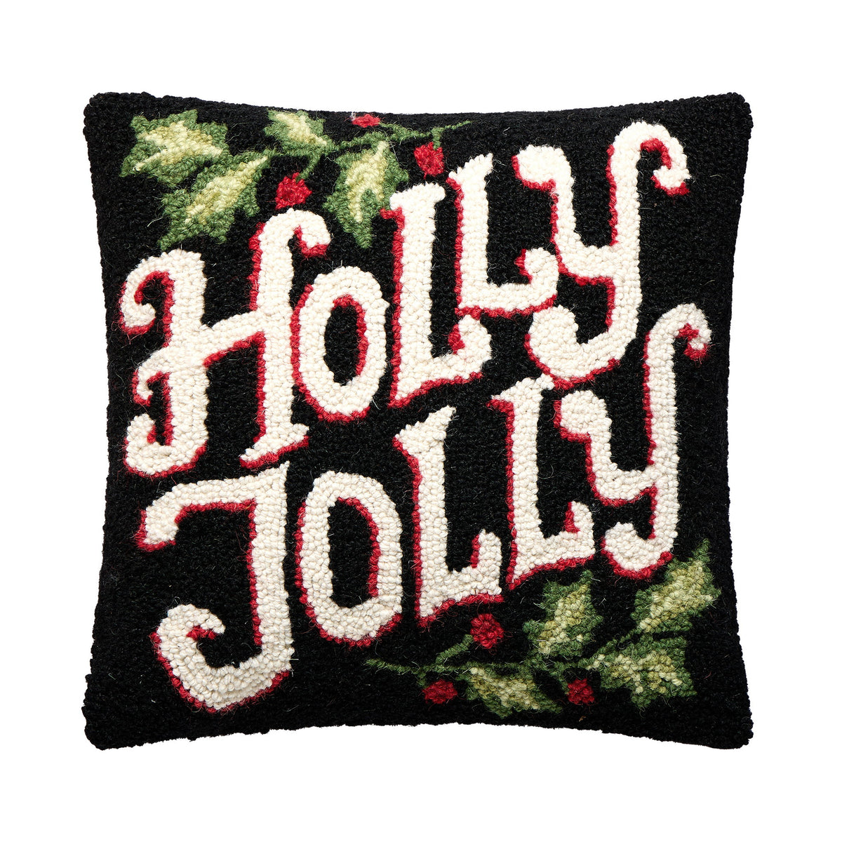 Holly Jolly Hooked Wool Christmas Throw Pillow, 16x16 inch, front view