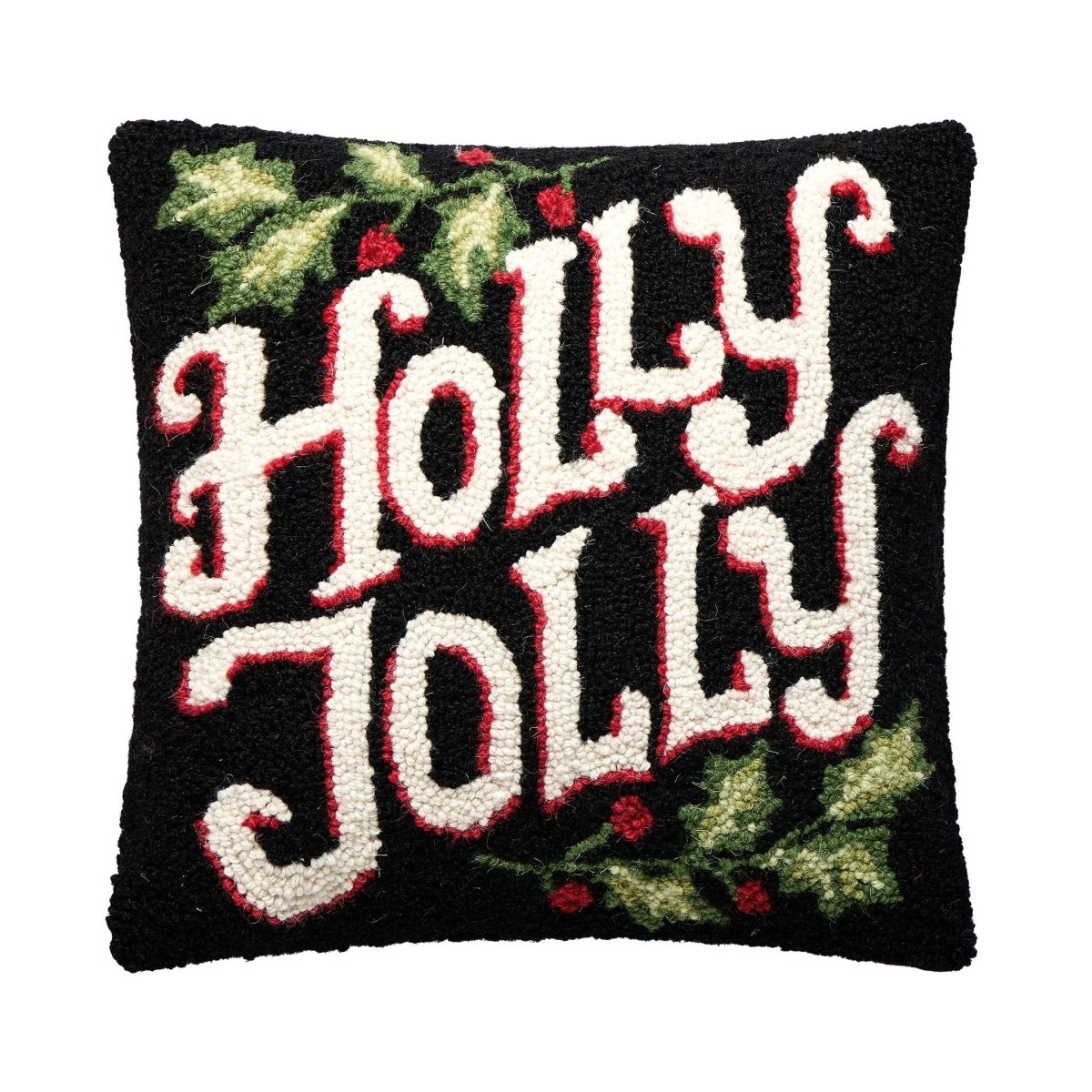 Holly Jolly Hooked Wool Christmas Throw Pillow, 16x16 inch, front view