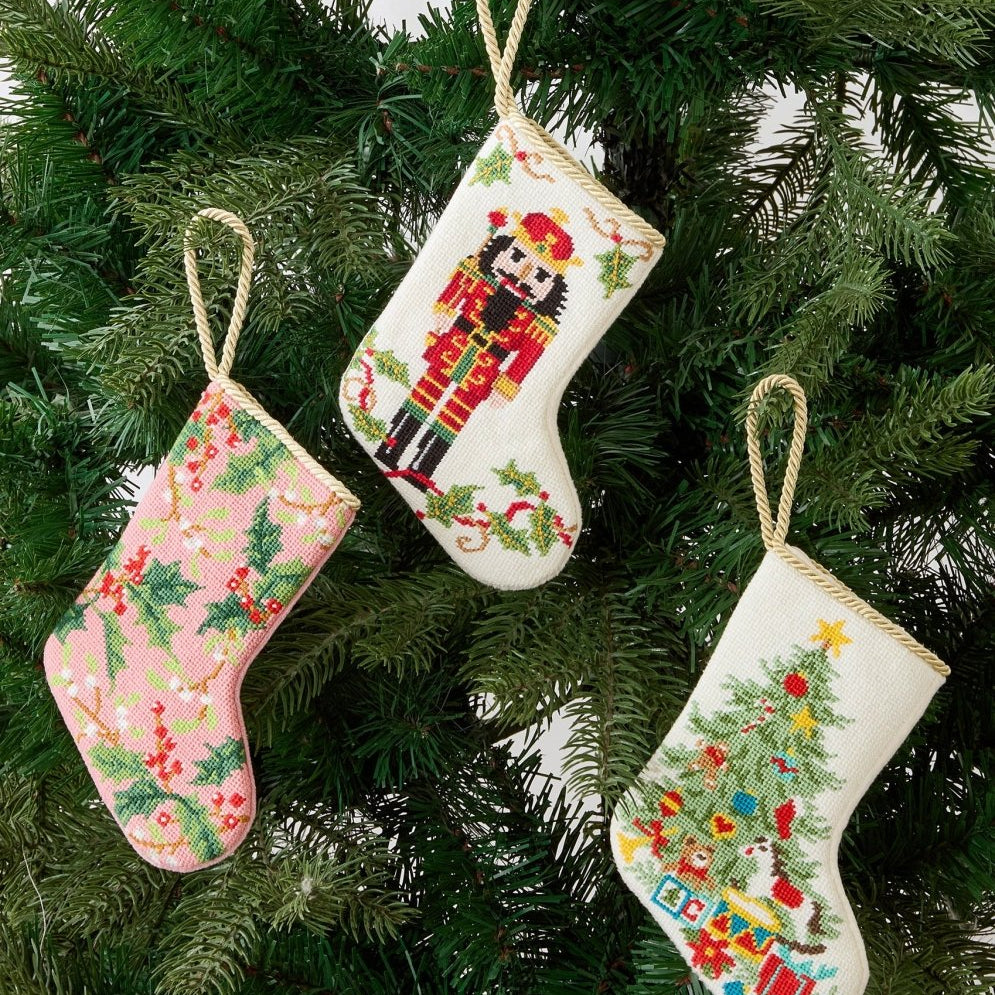 Holly Mini Embroidered Needlepoint Christmas Stocking, 6x4 inch, three stockings hanging on evergreen branches