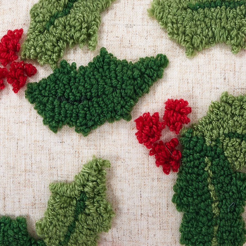 Holly with Berries Hooked Christmas Throw Pillow, close-up detail
