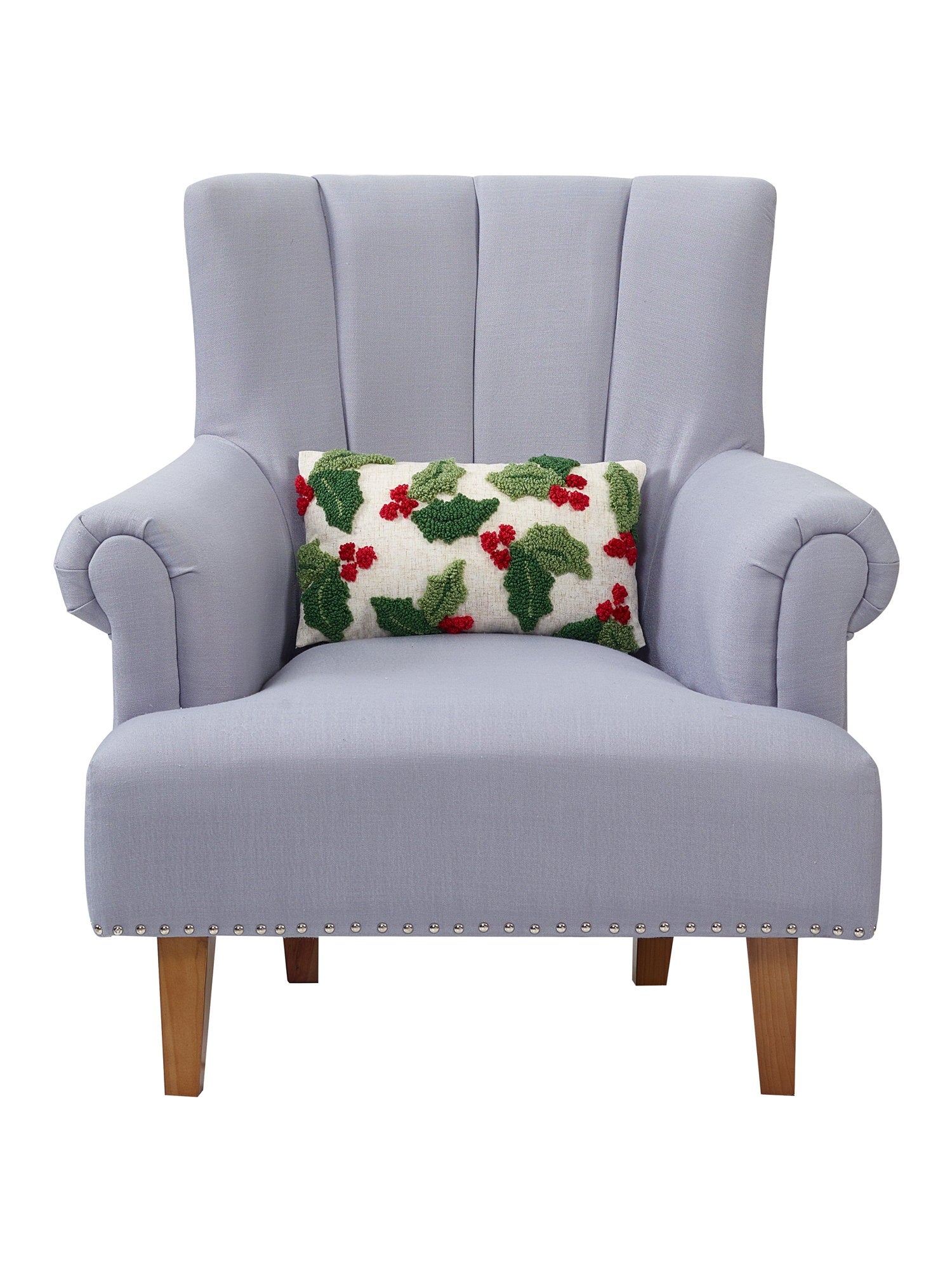 Holly with Berries Hooked Christmas Throw Pillow on an armchair, showing the throw pillow at room scale, 9x16 inch