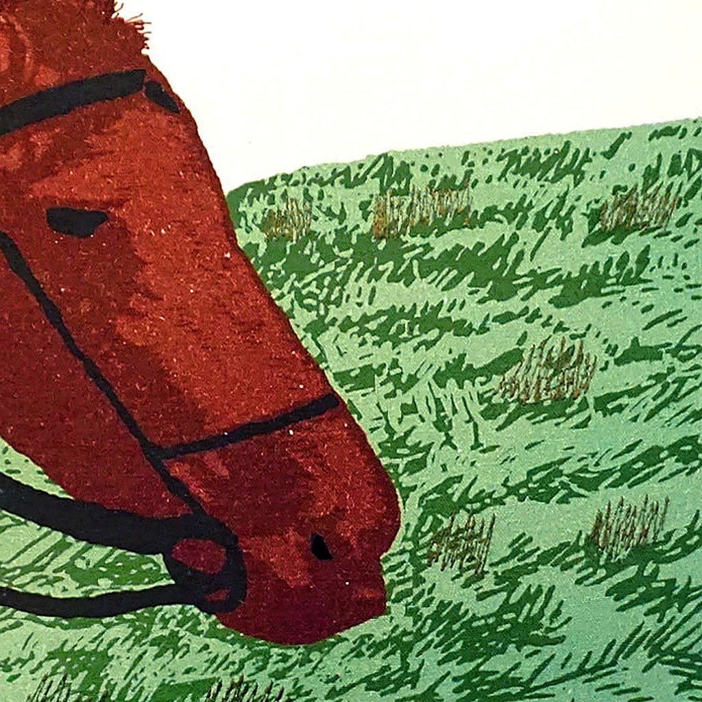 Hand-stitched wool detail of Horse In Field needlepoint pillow showing intricate weave pattern and texture
