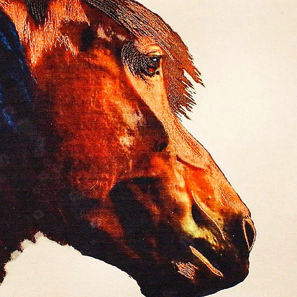 Hand-stitched wool detail of Horse needlepoint pillow showing intricate weave pattern and texture