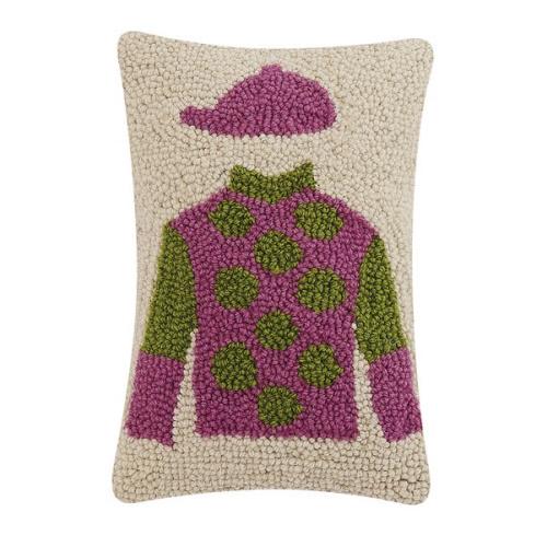 Horseshirt Pink & Green Hooked Wool Throw Pillow, 8x12 inch, front view