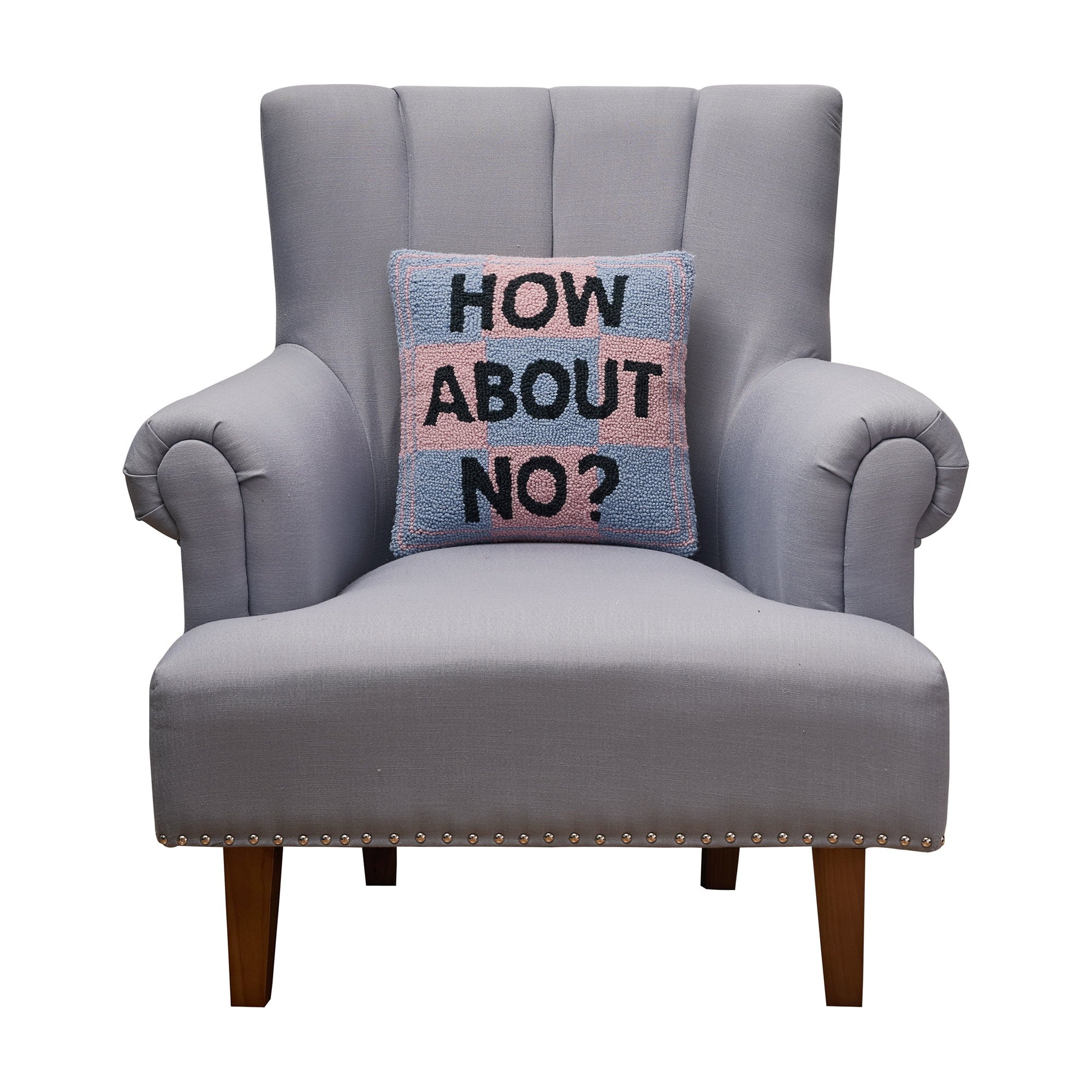 How About No Hooked Wool Throw Pillow on an armchair, showing the throw pillow at room scale, 14x14 inch